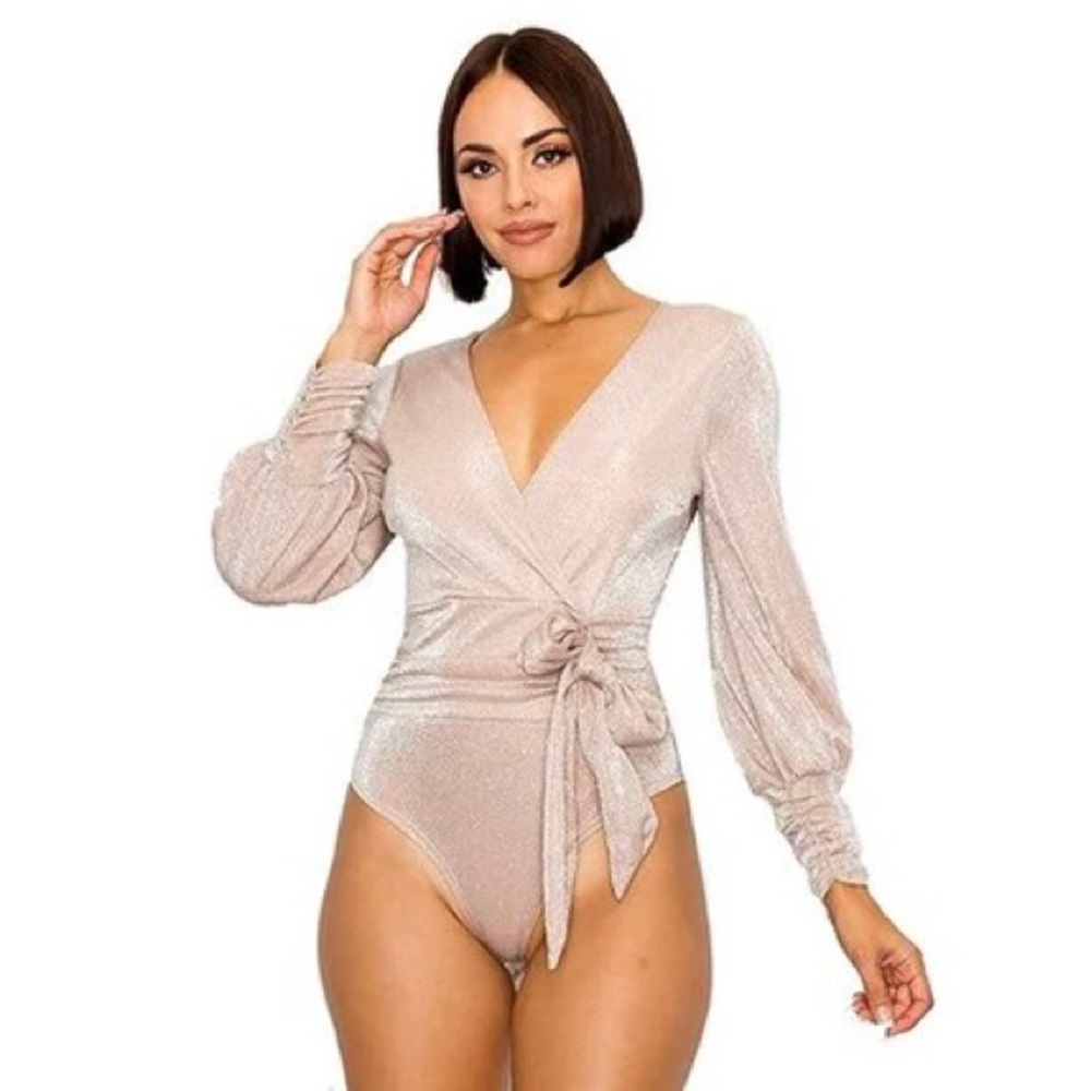 Shimmer Belted Long Sleeve Body Suit - Gibiu NWOT